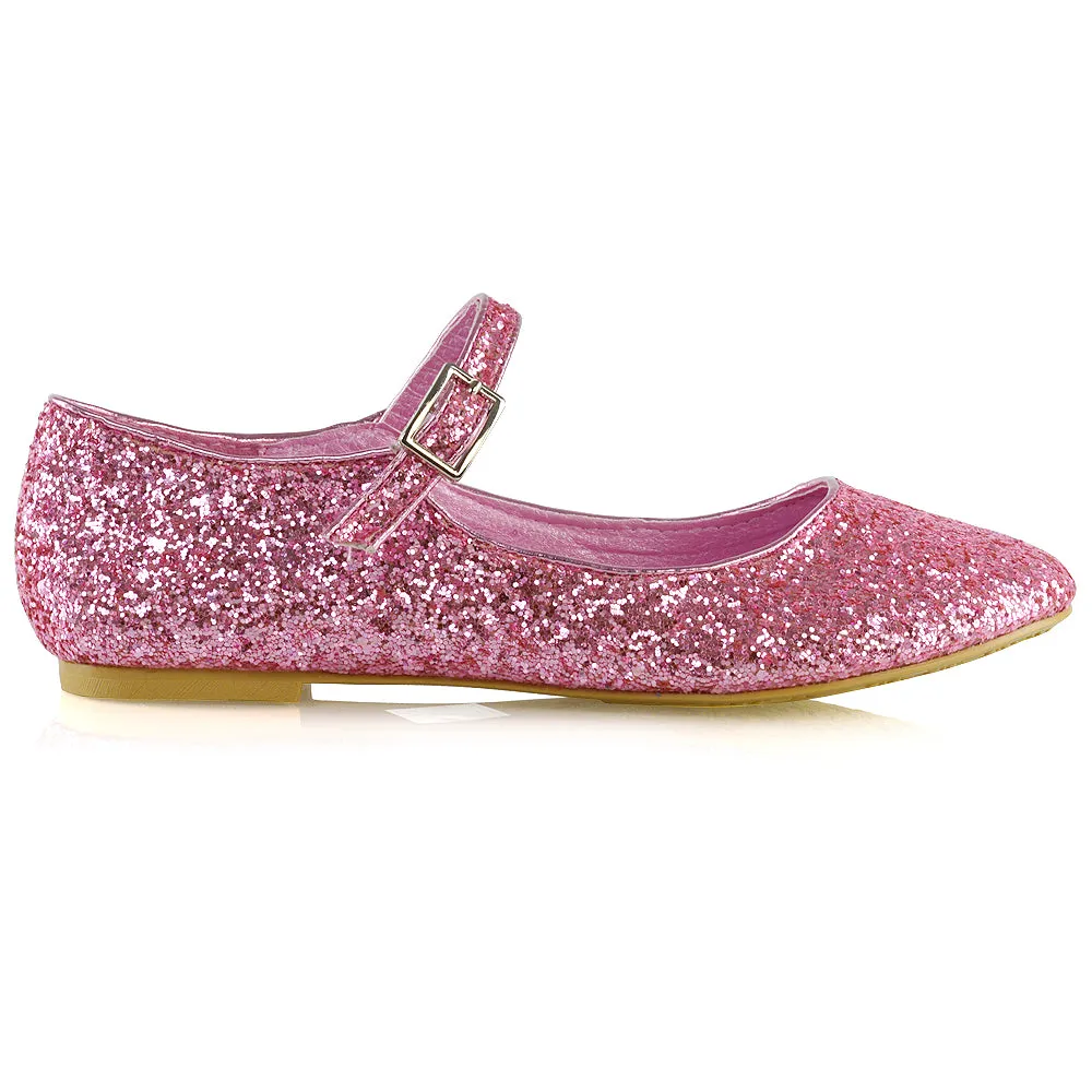 Amanda Buckle Up Strappy Ballerina Pump Flat Bridal Shoes In Pink Glitter