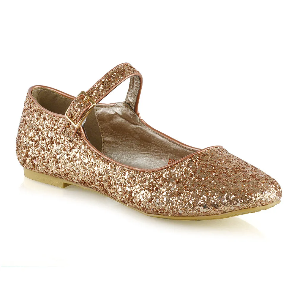 Amanda Buckle Up Strappy Ballerina Pump Flat Bridal Shoes In Pink Glitter