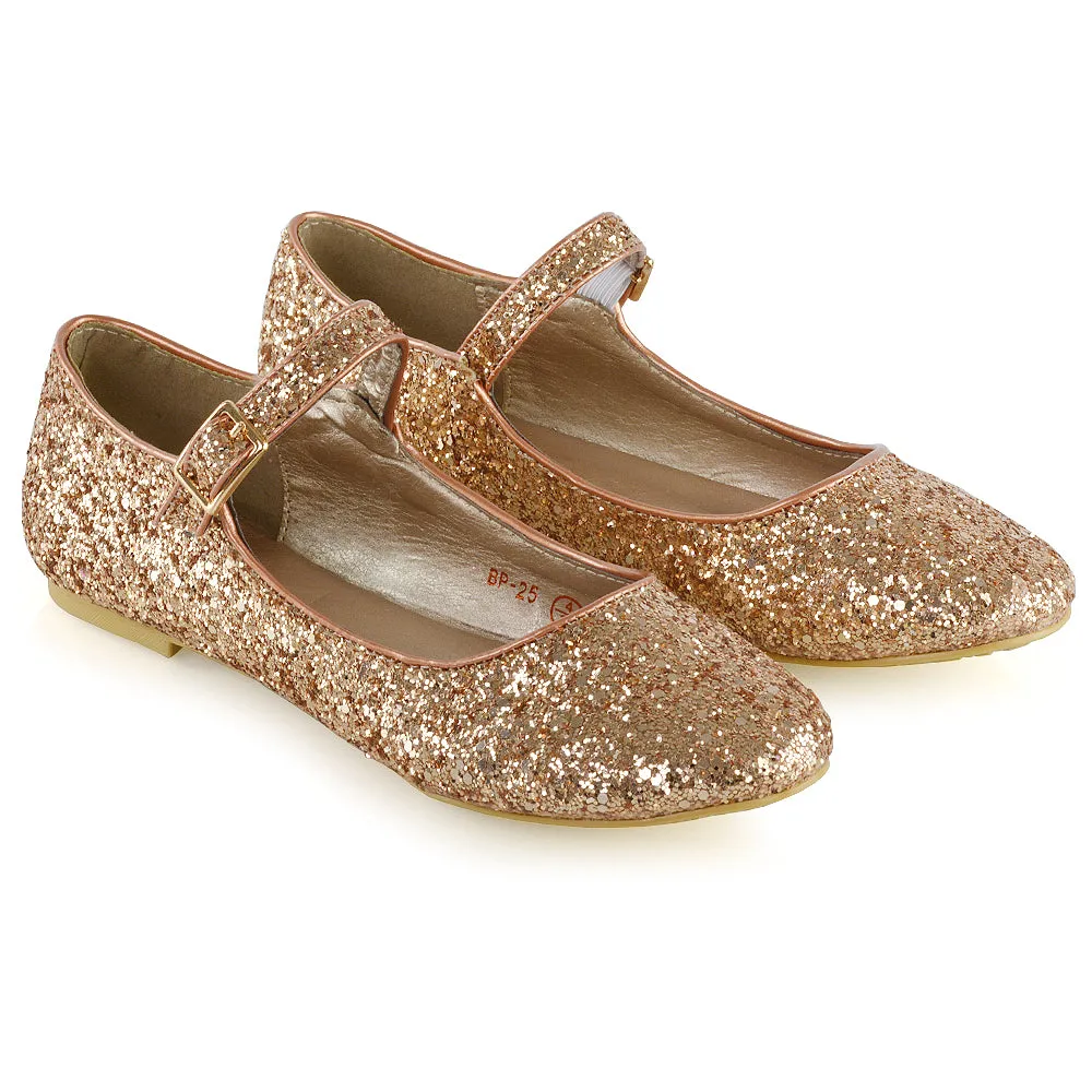 Amanda Buckle Up Strappy Ballerina Pump Flat Bridal Shoes In Pink Glitter