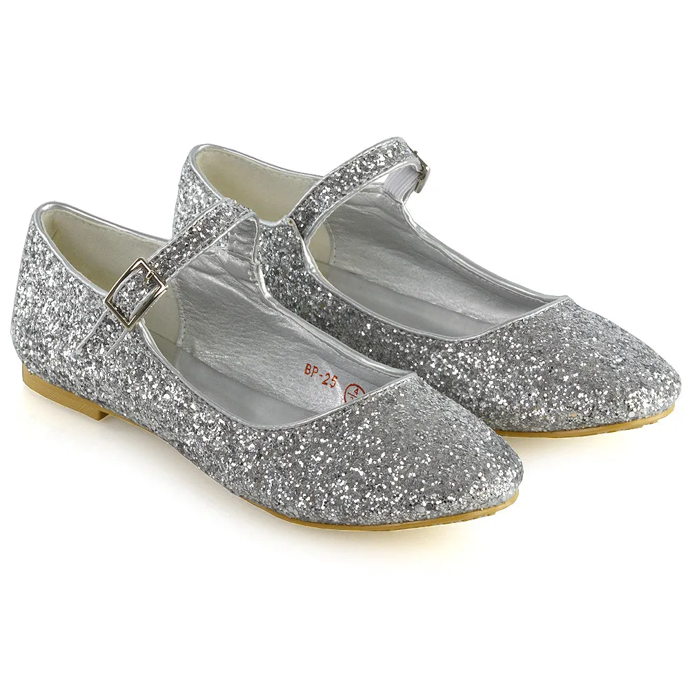 Amanda Buckle Up Strappy Ballerina Pump Flat Bridal Shoes In Pink Glitter
