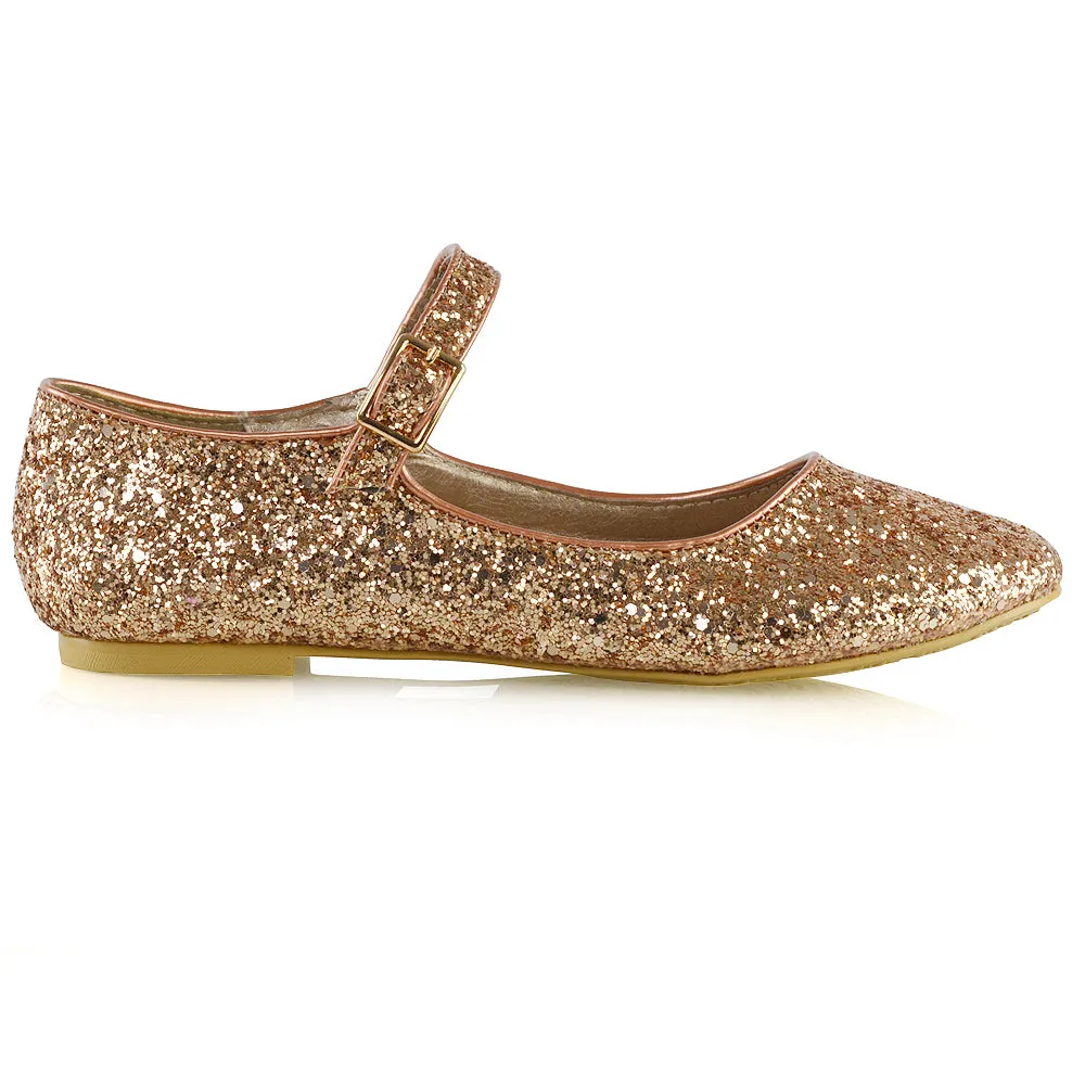 Amanda Buckle Up Strappy Ballerina Pump Flat Bridal Shoes In Pink Glitter