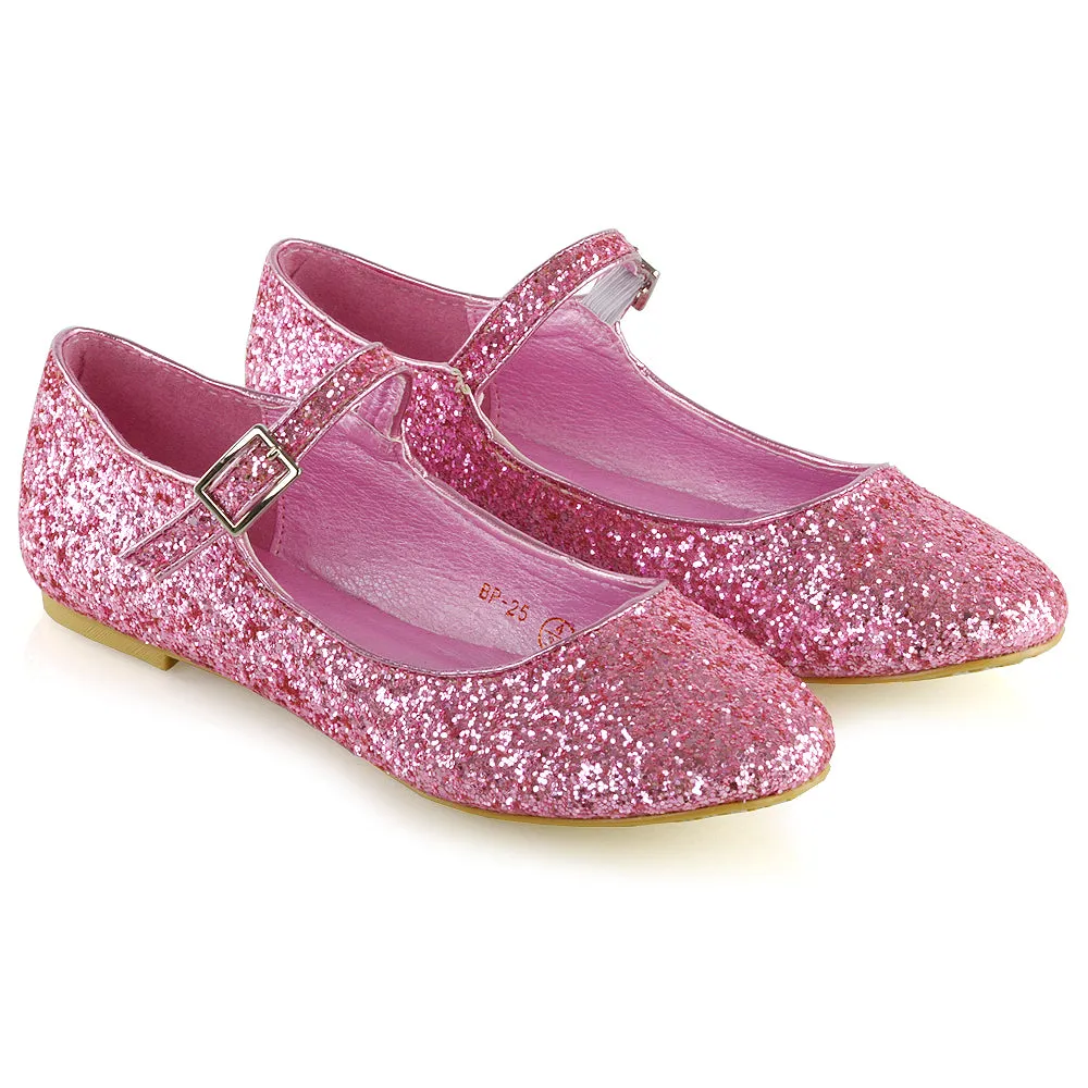 Amanda Buckle Up Strappy Ballerina Pump Flat Bridal Shoes In Pink Glitter
