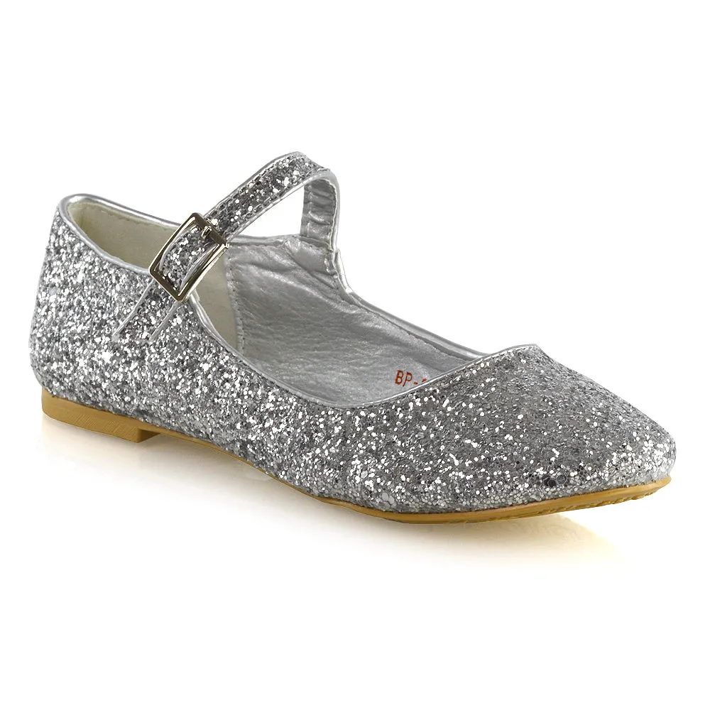 Amanda Buckle Up Strappy Ballerina Pump Flat Bridal Shoes In Pink Glitter