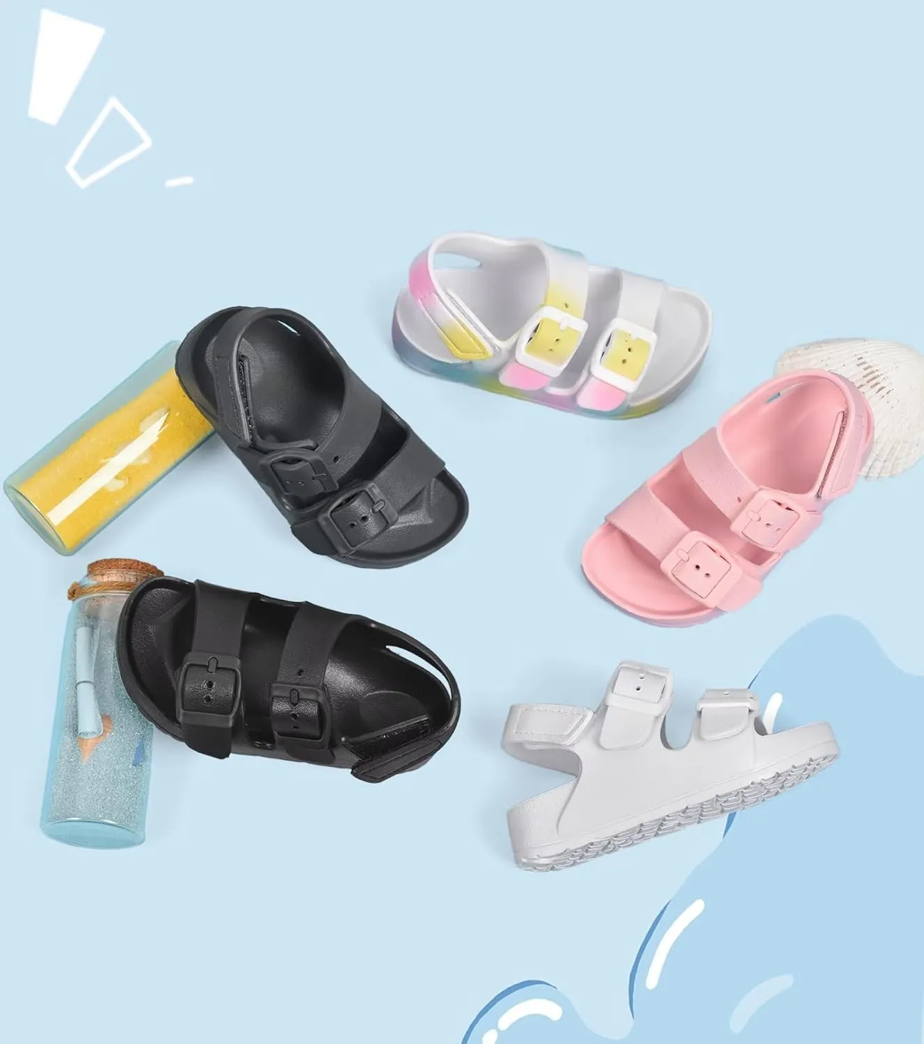 Kids Slides Sandals Double Buckle Adjustable Boys Girls