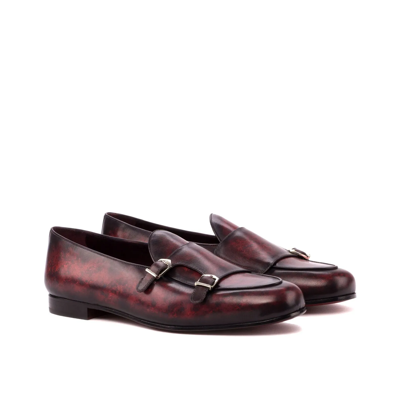 Men's Double Monk Slippers Patina Leather Wide Plus Size Burgundy 3535