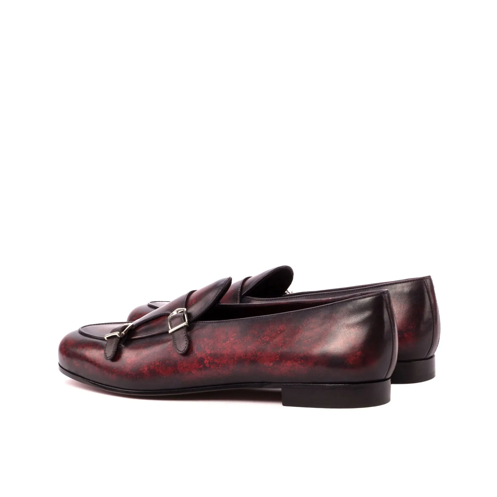 Men's Double Monk Slippers Patina Leather Wide Plus Size Burgundy 3535