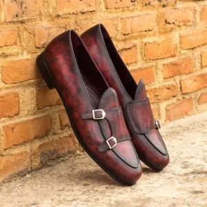 Men's Double Monk Slippers Patina Leather Wide Plus Size Burgundy 3535