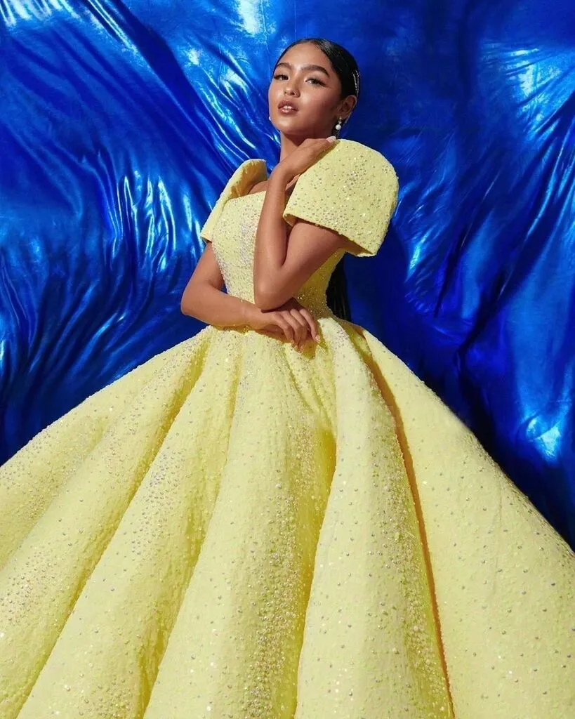 Promfast Ball Gown Sparkly Yellow Short Sleeves Prom Dresses Evening Dress PFP1789