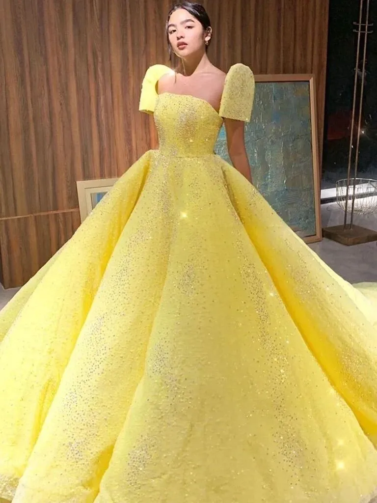 Promfast Ball Gown Sparkly Yellow Short Sleeves Prom Dresses Evening Dress PFP1789