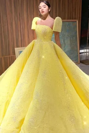 Promfast Ball Gown Sparkly Yellow Short Sleeves Prom Dresses Evening Dress PFP1789